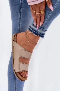 Hot INBLU Skórzane Klapki Damskie AA0005GU Beżowe