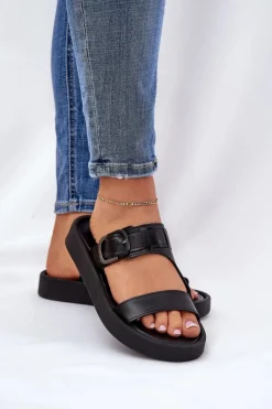 Clearance Zazoo Skórzane Klapki Damskie Na Platformie 3024 Czarne Czarny