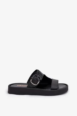 Clearance Zazoo Skórzane Klapki Damskie Na Platformie 3024 Czarne Czarny