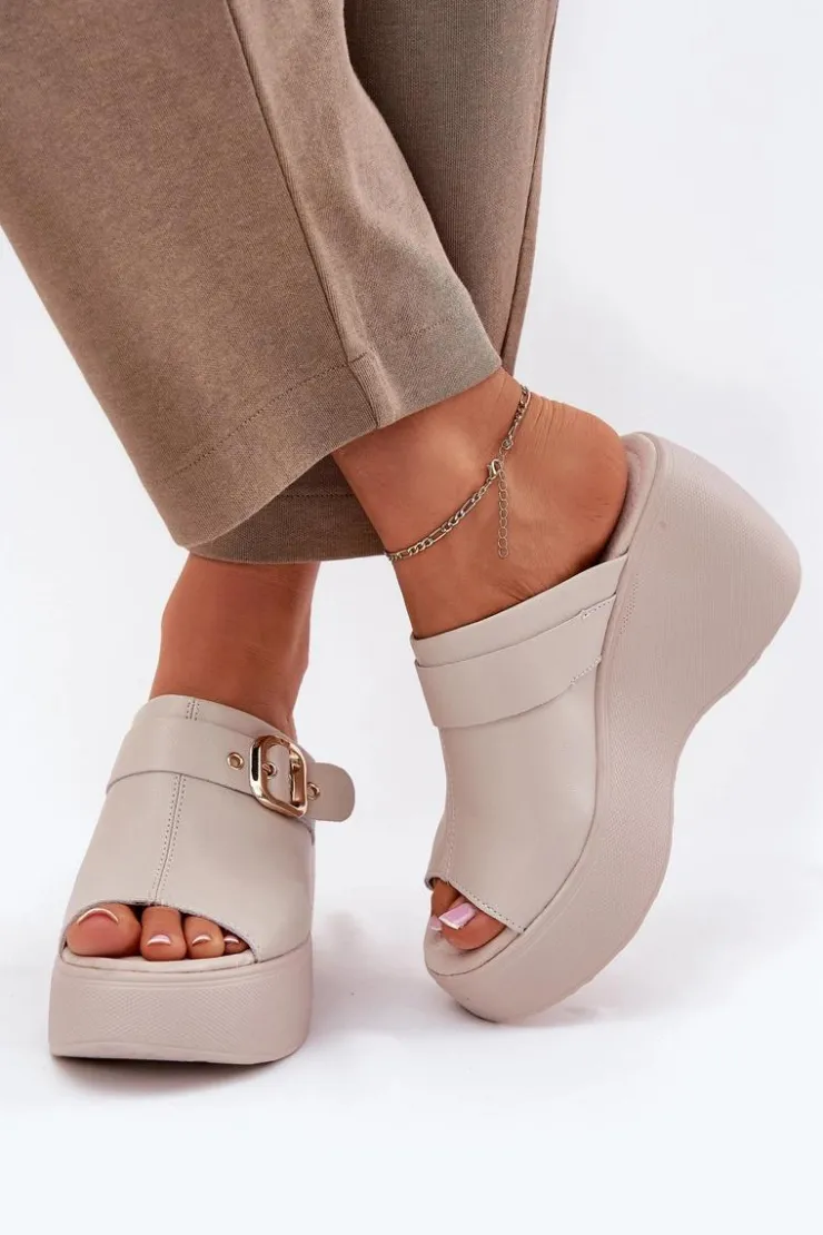 Damskie Damskie buty S.Barski Skórzane Klapki Damskie Na Platformie I Koturnie Z Klamrą S.Barski LR51-542 Beżowe