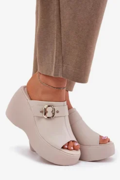 Damskie Damskie buty S.Barski Skórzane Klapki Damskie Na Platformie I Koturnie Z Klamrą S.Barski LR51-542 Beżowe