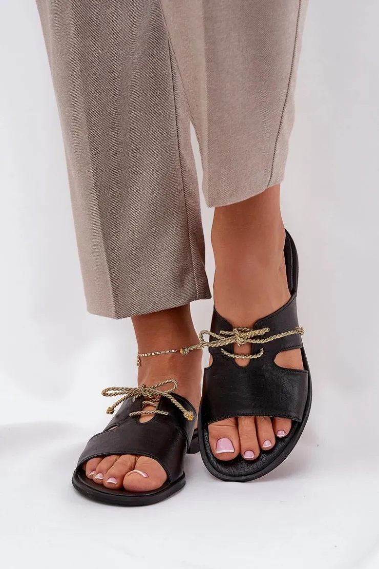 Damskie Zazoo Skórzane Klapki Damskie Na Płaskim Obcasie 3022 Czarne