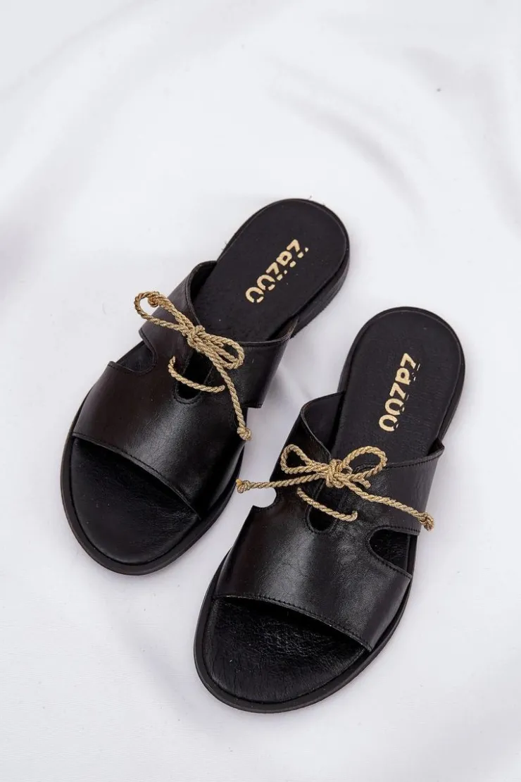 Damskie Zazoo Skórzane Klapki Damskie Na Płaskim Obcasie 3022 Czarne