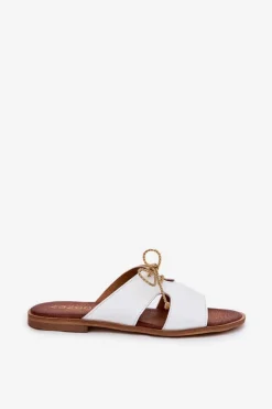 Clearance Zazoo Skórzane Klapki Damskie Na Płaskim Obcasie 3022 Białe Biały