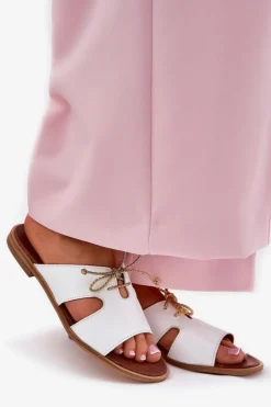 Clearance Zazoo Skórzane Klapki Damskie Na Płaskim Obcasie 3022 Białe Biały