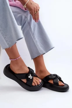 Damskie GOE Skórzane Klapki Damskie Na Platformie Czarne NN2N4110