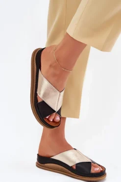 Clearance Maciejka Skórzane Klapki Damskie Na Platformie L4986-25 Złoto-Czarne