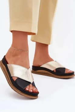 Clearance Maciejka Skórzane Klapki Damskie Na Platformie L4986-25 Złoto-Czarne