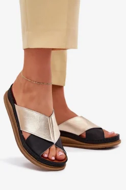 Clearance Maciejka Skórzane Klapki Damskie Na Platformie L4986-25 Złoto-Czarne