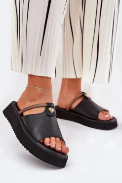 Online Damskie buty S.Barski Skórzane Klapki Damskie Na Platformie Z Ozdobnym Paskiem D&A MK51-475 Czarne