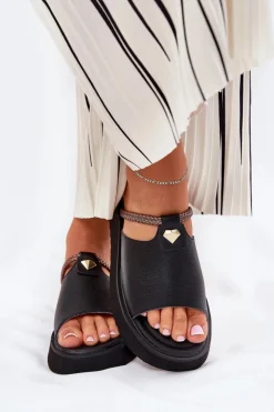 Online Damskie buty S.Barski Skórzane Klapki Damskie Na Platformie Z Ozdobnym Paskiem D&A MK51-475 Czarne