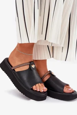 Online Damskie buty S.Barski Skórzane Klapki Damskie Na Platformie Z Ozdobnym Paskiem D&A MK51-475 Czarne