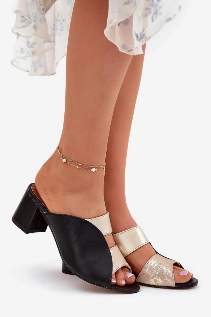 Damskie Maciejka Skórzane Klapki Damskie Na Słupku 06943-25 Czarno-Złote