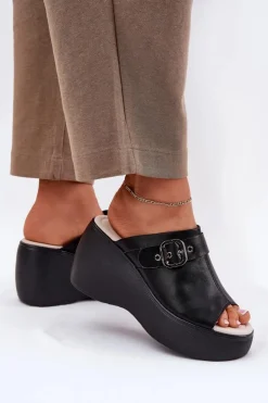 Damskie buty S.Barski Klapki Na Koturnie|Klapki Na Platformie*Skórzane Klapki Damskie Na Platformie I Koturnie Z Klamrą S.Barski LR51-542 Czarne Czarny