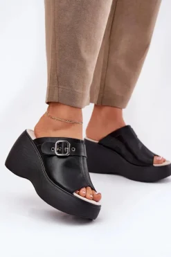 Damskie buty S.Barski Klapki Na Koturnie|Klapki Na Platformie*Skórzane Klapki Damskie Na Platformie I Koturnie Z Klamrą S.Barski LR51-542 Czarne Czarny