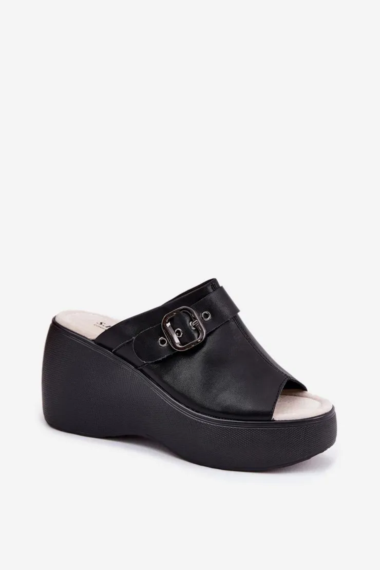 Damskie buty S.Barski Klapki Na Koturnie|Klapki Na Platformie*Skórzane Klapki Damskie Na Platformie I Koturnie Z Klamrą S.Barski LR51-542 Czarne Czarny