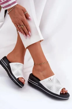 Sale Buty damskie Vinceza Skórzane Klapki Damskie Na Koturnie Vinceza 41477 Białe Biały