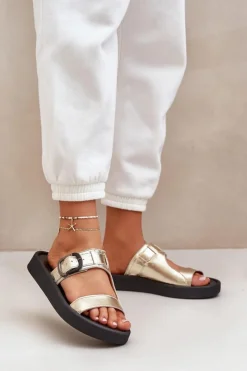 Zazoo Klapki Damskie Klasyczne*Skórzane Klapki Damskie Na Platformie 3024 Złote Złoty