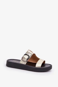 Zazoo Klapki Damskie Klasyczne*Skórzane Klapki Damskie Na Platformie 3024 Złote Złoty