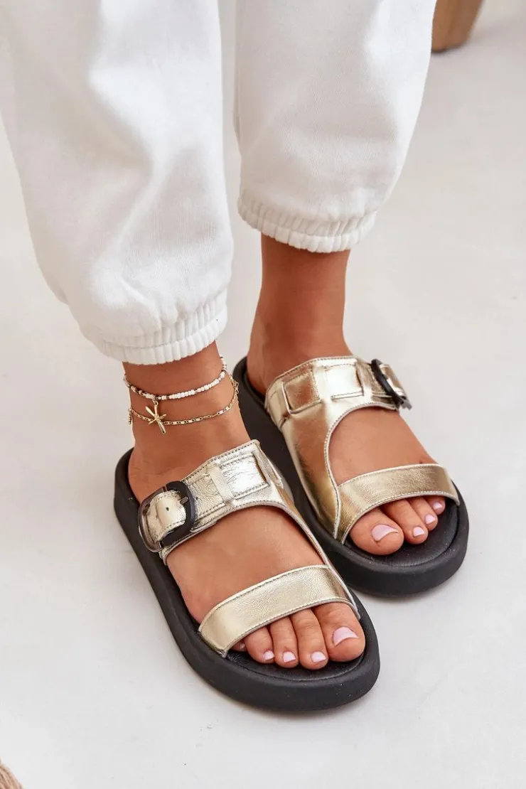 Zazoo Klapki Damskie Klasyczne*Skórzane Klapki Damskie Na Platformie 3024 Złote Złoty