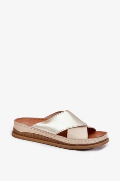 Maciejka Klapki Damskie Klasyczne*Skórzane Klapki Damskie Na Platformie L4986-37 Beżowo-Złote