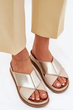 Maciejka Klapki Damskie Klasyczne*Skórzane Klapki Damskie Na Platformie L4986-37 Beżowo-Złote