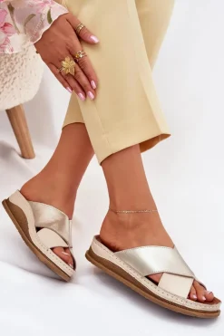 Maciejka Klapki Damskie Klasyczne*Skórzane Klapki Damskie Na Platformie L4986-37 Beżowo-Złote