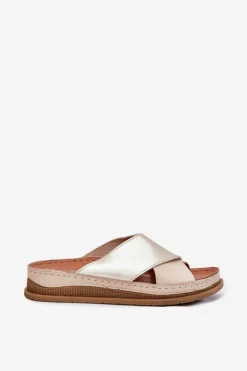 Maciejka Klapki Damskie Klasyczne*Skórzane Klapki Damskie Na Platformie L4986-37 Beżowo-Złote