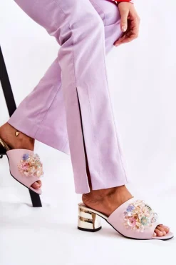 Damskie Boto Skórzane Klapki Damskie Na Obcasie Z Ozdobą Różowe Calinda