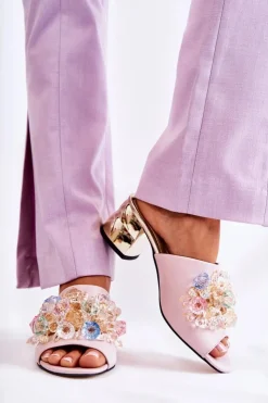 Damskie Boto Skórzane Klapki Damskie Na Obcasie Z Ozdobą Różowe Calinda