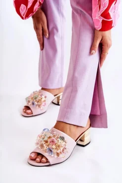 Damskie Boto Skórzane Klapki Damskie Na Obcasie Z Ozdobą Różowe Calinda