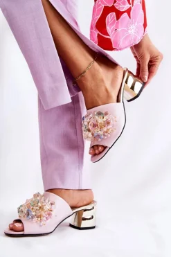 Damskie Boto Skórzane Klapki Damskie Na Obcasie Z Ozdobą Różowe Calinda