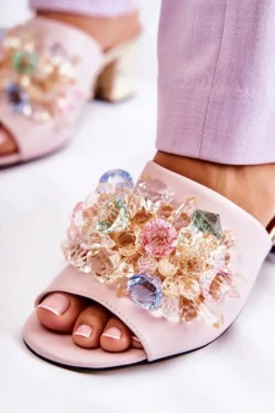 Damskie Boto Skórzane Klapki Damskie Na Obcasie Z Ozdobą Różowe Calinda