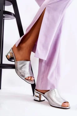 Boto Klapki Na Obcasie|Klapki Damskie Klasyczne*Skórzane Klapki Damskie Na Obcasie Srebrne Perry