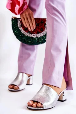 Boto Klapki Na Obcasie|Klapki Damskie Klasyczne*Skórzane Klapki Damskie Na Obcasie Srebrne Perry