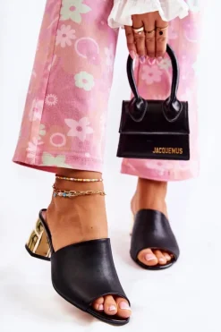 Damskie Boto Skórzane Klapki Damskie Na Obcasie Czarne Perry