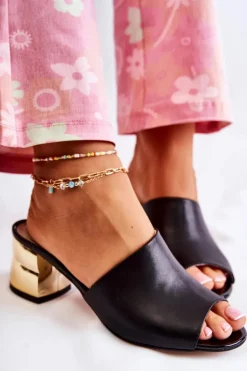 Damskie Boto Skórzane Klapki Damskie Na Obcasie Czarne Perry