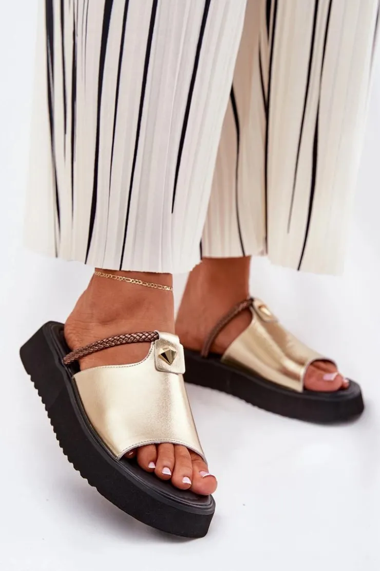 Damskie buty S.Barski Klapki Na Platformie|Klapki Damskie Klasyczne*Skórzane Klapki Damskie Na Platformie Z Ozdobnym Paskiem D&A MK51-475 Złote