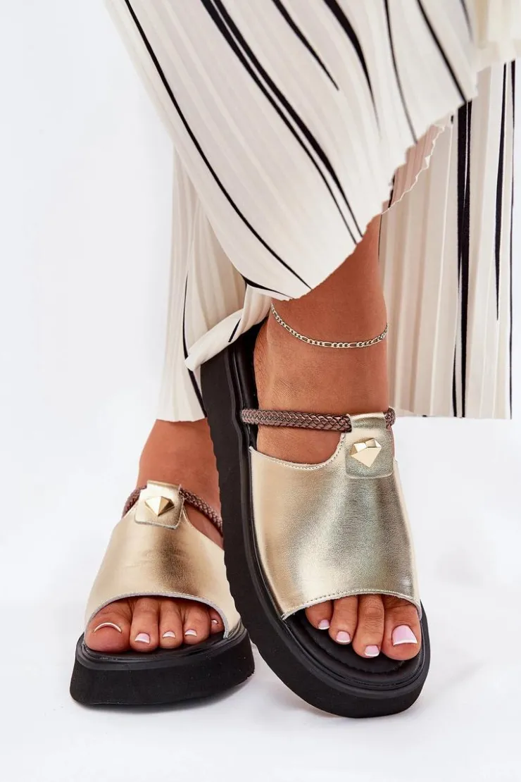 Damskie buty S.Barski Klapki Na Platformie|Klapki Damskie Klasyczne*Skórzane Klapki Damskie Na Platformie Z Ozdobnym Paskiem D&A MK51-475 Złote