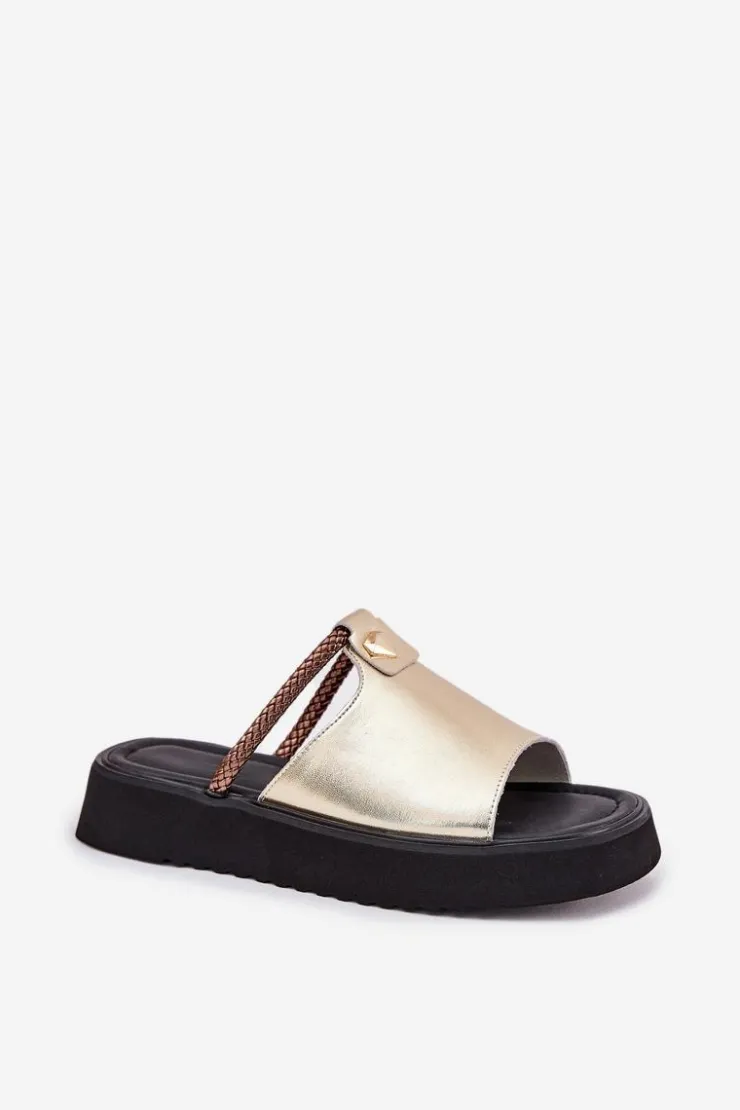 Damskie buty S.Barski Klapki Na Platformie|Klapki Damskie Klasyczne*Skórzane Klapki Damskie Na Platformie Z Ozdobnym Paskiem D&A MK51-475 Złote