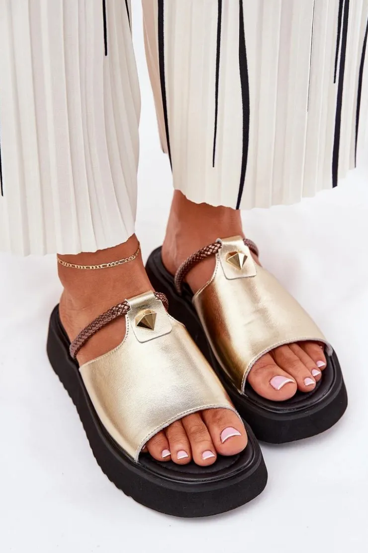 Damskie buty S.Barski Klapki Na Platformie|Klapki Damskie Klasyczne*Skórzane Klapki Damskie Na Platformie Z Ozdobnym Paskiem D&A MK51-475 Złote