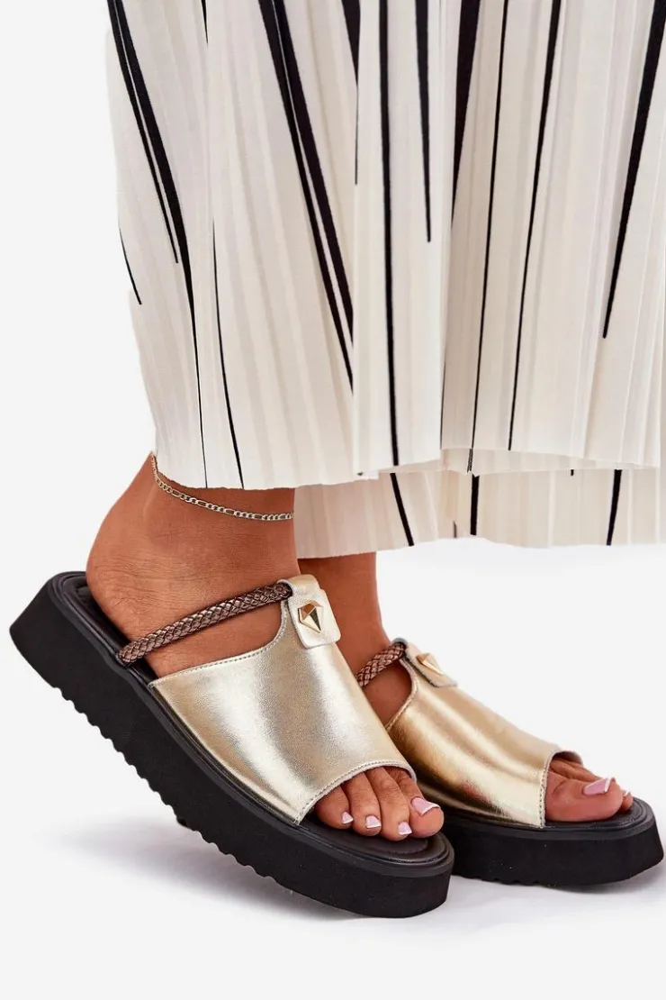 Damskie buty S.Barski Klapki Na Platformie|Klapki Damskie Klasyczne*Skórzane Klapki Damskie Na Platformie Z Ozdobnym Paskiem D&A MK51-475 Złote