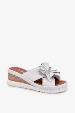 Artiker Klapki Na Koturnie|Klapki Damskie Klasyczne*Skórzane Klapki Damskie Na Koturnie Z Ozdobnym Kwiatem 54C0538 Biało-Srebrne Srebrny