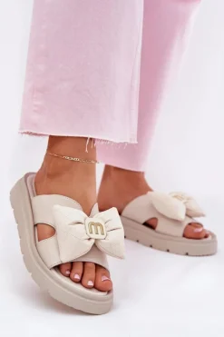 CheBello Klapki Na Platformie|Klapki Damskie Klasyczne*Skórzane Klapki Damskie Na Platformie Z Kokardą 4647 Beżowe Beżowy