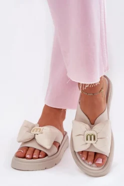 CheBello Klapki Na Platformie|Klapki Damskie Klasyczne*Skórzane Klapki Damskie Na Platformie Z Kokardą 4647 Beżowe Beżowy