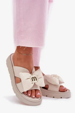 CheBello Klapki Na Platformie|Klapki Damskie Klasyczne*Skórzane Klapki Damskie Na Platformie Z Kokardą 4647 Beżowe Beżowy