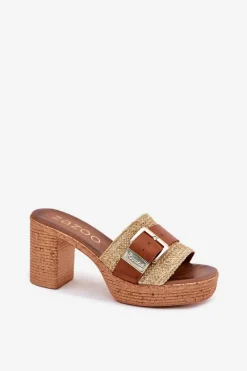 Zazoo Klapki Na Obcasie|Klapki Damskie Klasyczne*Skórzane Klapki Damskie Na Słupku Z Klamrą I Plecionką 40459 Brązowe