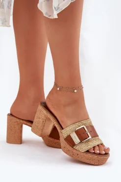 Zazoo Klapki Na Obcasie|Klapki Damskie Klasyczne*Skórzane Klapki Damskie Na Słupku Z Klamrą I Plecionką 40459 Brązowe