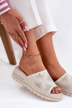 Damskie Buty damskie Vinceza Skórzane Klapki Damskie Na Koturnie Vinceza 41477 Beżowe