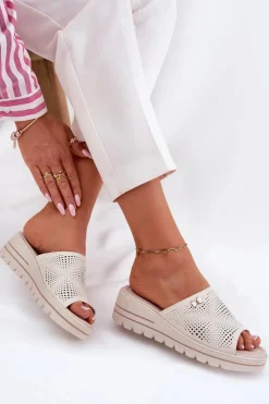 Damskie Buty damskie Vinceza Skórzane Klapki Damskie Na Koturnie Vinceza 41477 Beżowe